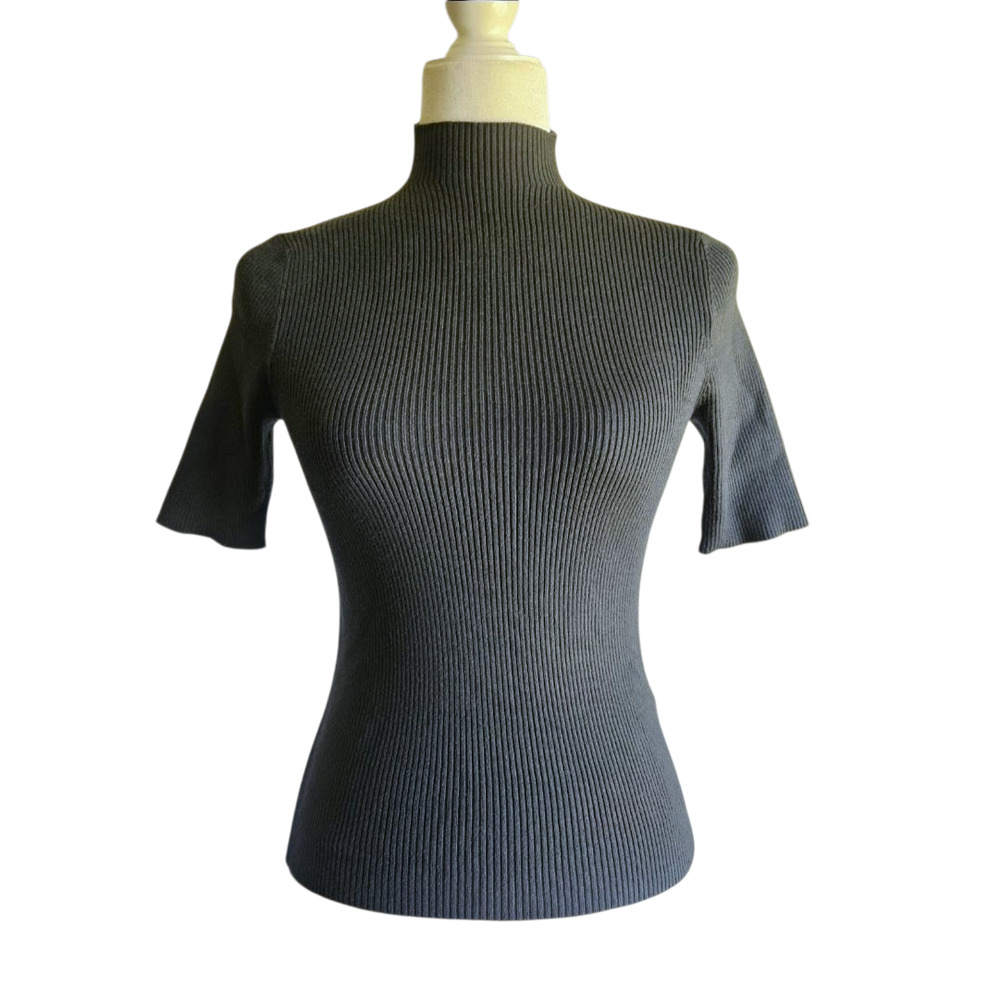 Dress Forum Top Womens Small Green Ribbed Knit Mock Neck Stretch‎